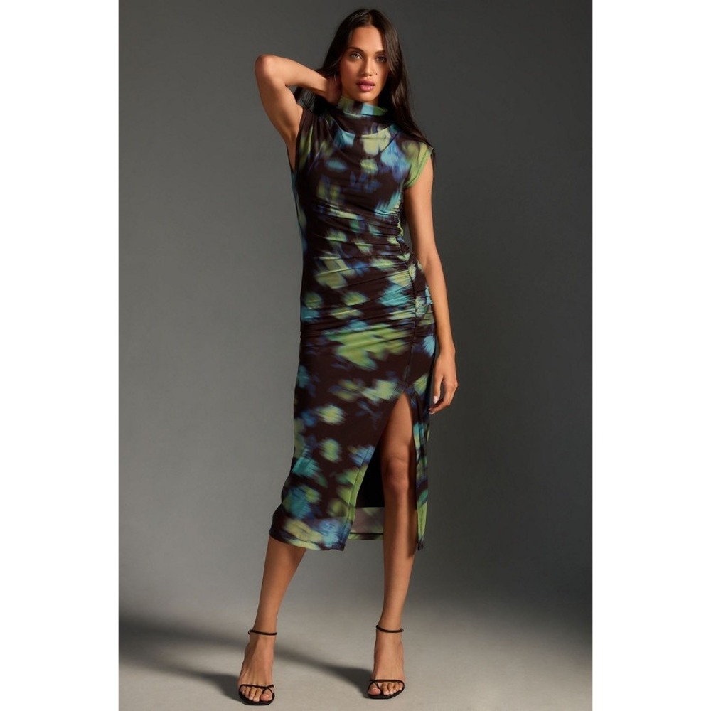 Anthropologie Mesh Ruched Midi Dress Size L Green Blue Abstract Floral Mock Neck